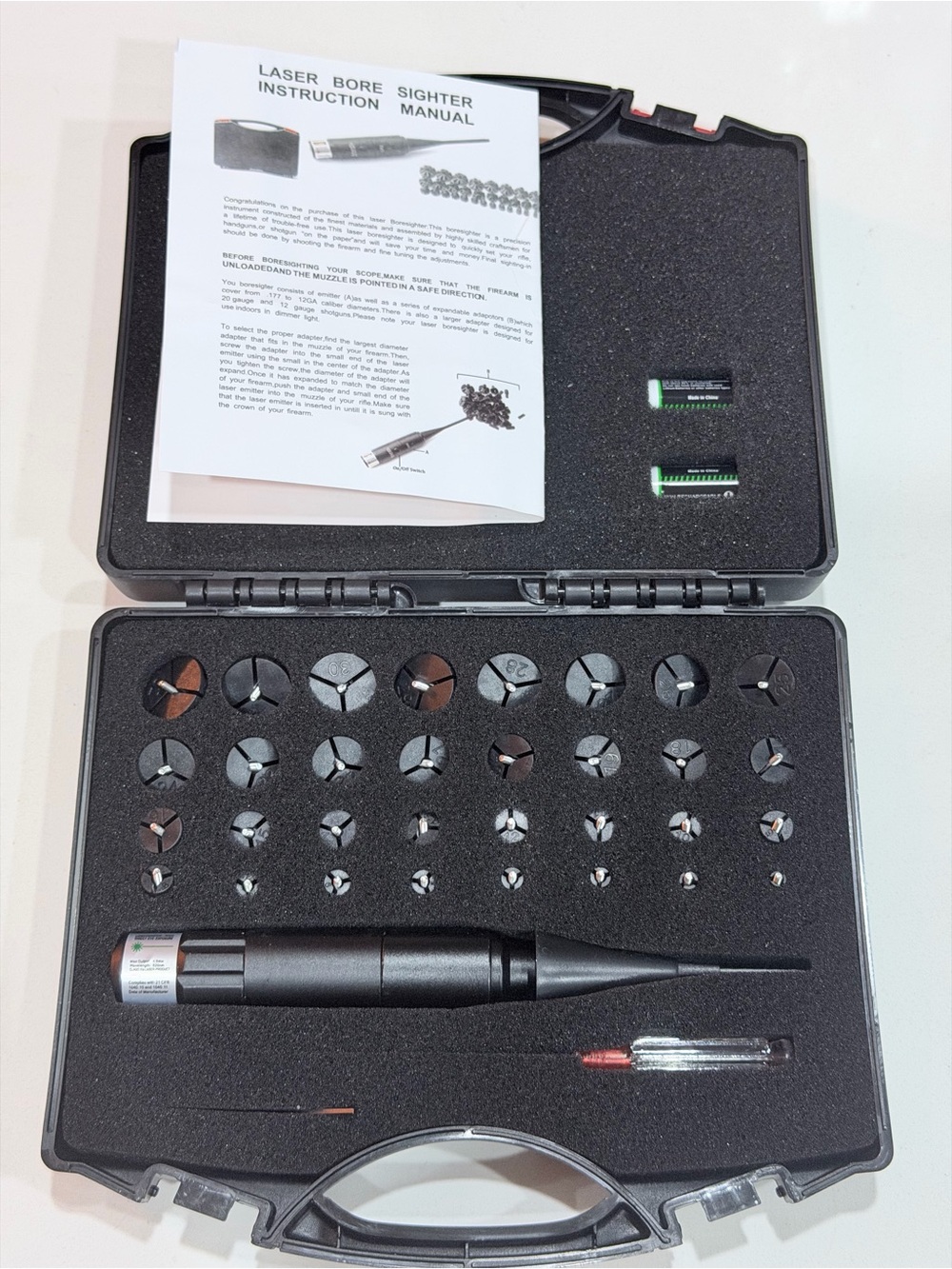 Black Laser Bore Sighter Kit with Adapters and Manual